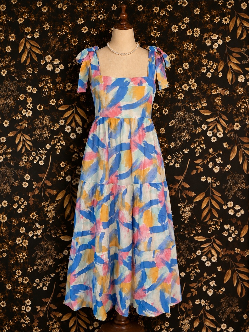 Blu Pepper Tie-Shoulder Maxi Dress in Blue, Yellow & Pink Brushstroke Print